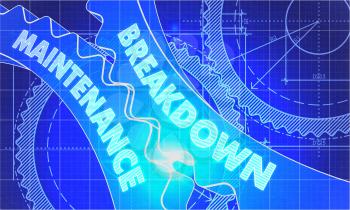 Breakdown Maintenance on Blueprint of Cogs. Technical Drawing Style. 3d illustration with Glow Effect.