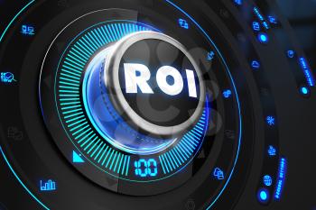 ROI - Return of Investment - Controller on Black Control Console with Blue Backlight. Improvement, regulation, control or management concept.