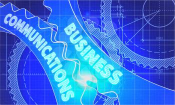 Business Communications on the Mechanism of Cogwheels. Technical Blueprint illustration with Glow Effect. 3D Render.