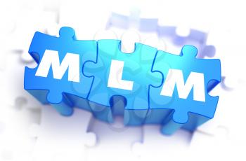 MLM - Multi Level Marketing - Text on Blue Puzzles on White Background. 3D Render. 