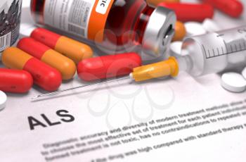 ALS - Printed Diagnosis with Blurred Text. On Background of Medicaments Composition - Red Pills, Injections and Syringe.