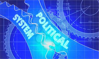 Political System on the Mechanism of Cogwheels. Blueprint Style. Technical Design. 3d illustration with Lens Flare.