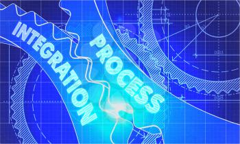 Process Integration Concept. Blueprint Background with Gears. Industrial Design. 3d illustration, Lens Flare.