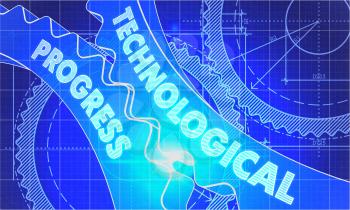 Technological Progress Concept. Blueprint Background with Gears. Industrial Design. 3d illustration, Lens Flare.