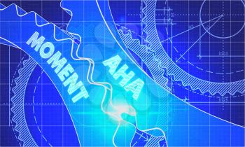 Aha Moment on the Mechanism of Cogwheels. Blueprint Style. Technical Design. 3d illustration with Lens Flare.