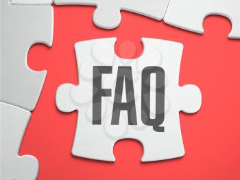 FAQ - Frequently Asked Question - Text on Puzzle on the Place of Missing Pieces. Scarlett Background. Close-up. 3d Illustration.