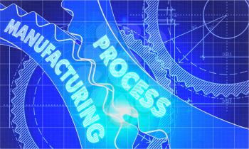 Process Manufacturing on the Mechanism of Cogwheels. Technical Blueprint illustration with Glow Effect. 3D Render.