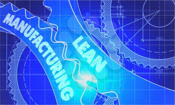 Lean Manufacturing on the Mechanism of Cogwheels. Technical Blueprint illustration with Glow Effect. 3D Render.