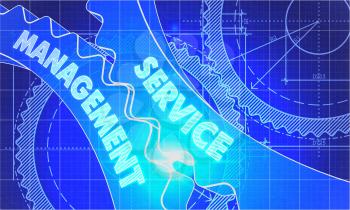 Service Management on the Mechanism of Cogwheels. Blueprint Style. Technical Design. 3d illustration with Lens Flare.