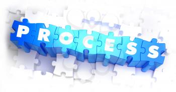 Process - Text on Blue Puzzles on White Background. 3D Render. 