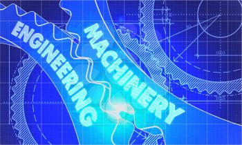 machinery engineering on Blueprint of Cogs. Technical Drawing Style. 3d illustration with Glow Effect.