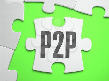 P2P - Peer to Peer - Jigsaw Puzzle with Missing Pieces. Bright Green Background. Close-up. 3d Illustration.