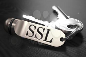 SSL - Secure Socket Layer - Concept. Keys with Keyring on Black Wooden Table. Closeup View, Selective Focus, 3D Render. Black and White Image.