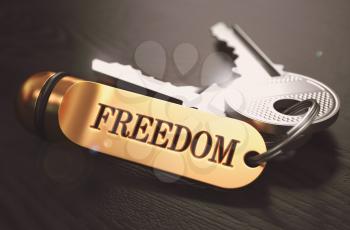 Keys to Freedom - Concept on Golden Keychain over Black Wooden Background. Closeup View, Selective Focus, 3D Render. Toned Image.