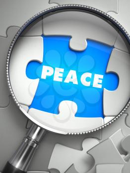 Peace through Lens on Missing Puzzle Peace. Selective Focus. 3D Render.