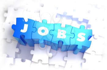 Jobs - White Word on Blue Puzzles on White Background and Selective Focus. 3D Render. 