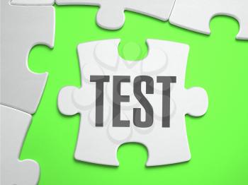 Test - Jigsaw Puzzle with Missing Pieces. Bright Green Background. Close-up. 3d Illustration.