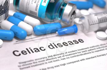 Celiac Disease - Printed Diagnosis with Blurred Text. On Background of Medicaments Composition - Blue Pills, Injections and Syringe.