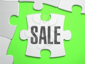 Sale - Jigsaw Puzzle with Missing Pieces. Bright Green Background. Close-up. 3d Illustration.