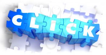 Click - Word on Blue Puzzles on White Background. 3D Render. 