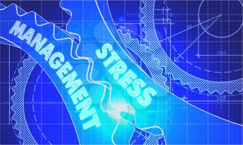 Stress Management on the Mechanism of Cogwheels. Blueprint Style. Technical Design. 3d illustration with Lens Flare.