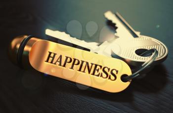 Keys to Happiness - Concept on Golden Keychain over Black Wooden Background. Closeup View, Selective Focus, 3D Render. Toned Image.