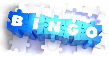 Bingo -White Word on Blue Puzzles on White Background. 3D Illustration.