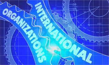 International Organizations on the Mechanism of Gears. Blueprint Style. Technical Design. 3d illustration, Lens Flare.