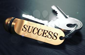 Keys to Succes - Concept on Golden Keychain over Black Wooden Background. Closeup View, Selective Focus, 3D Render. Toned Image.