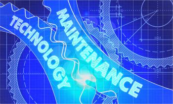 Maintenance Technologies on the Mechanism of Cogwheels. Blueprint Style. Technical Design. 3d illustration with Lens Flare.