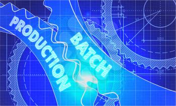 Batch Production on the Mechanism of Cogwheels. Technical Blueprint illustration with Glow Effect. 3D Render.