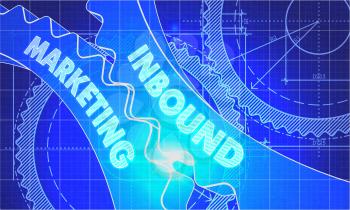 Inbound Marketing on the Mechanism of Gears. Blueprint Style. Technical Design. 3d illustration, Lens Flare.