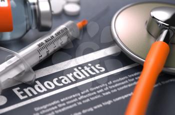 Diagnosis - Endocarditis. Medical Concept on Grey Background with Blurred Text and Composition of Pills, Syringe and Stethoscope. Selective Focus.