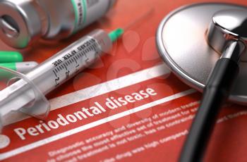 Periodontal disease - Printed Diagnosis with Blurred Text on Orange Background and Medical Composition - Stethoscope, Pills and Syringe. Medical Concept.