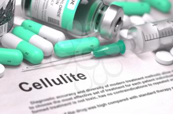 Diagnosis - Cellulite. Medical Concept with Light Green Pills, Injections and Syringe. Selective Focus. Blurred Background.