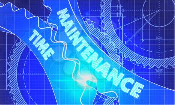 Maintenance Time on the Mechanism of Gears. Blueprint Style. Technical Design. Lens Flare.