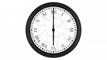 Realistic 3D render of a wall clock with Roman numerals set at 6 o'clock, isolated on a white background.