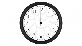 Realistic 3D render of a wall clock set at 12 o'clock, isolated on a white background.