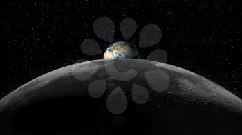 Planet Earth rising over the Moon horizon, partially visible. Digital 3D illustration. Elements of this illustration are furnished by NASA.