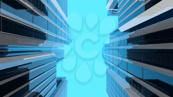 3D illustration of modern corporate skyscrapers with reflective blue windows. Vertical composition. The camera looks upwards to the sky from a low angle.