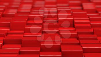 Grid of red cubes in a randomized pattern. Medium shot. 3D computer generated background image.