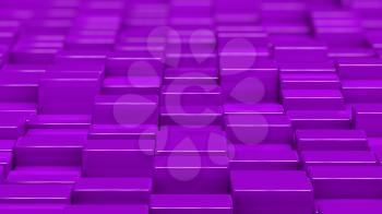 Grid of purple cubes in a randomized pattern. Medium shot. 3D computer generated background image.