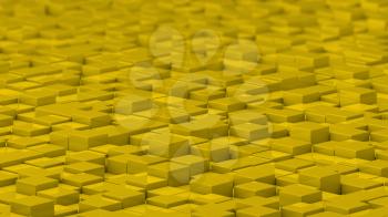 Grid of yellow cubes in a randomized pattern. Wide shot. 3D computer generated background image.