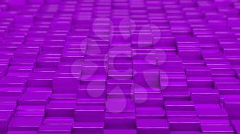 Grid of purple cubes in a randomized pattern. Wide shot. 3D computer generated background image.