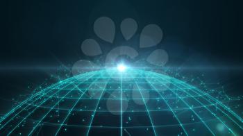 Wireframe globe with light on top and particles around it.