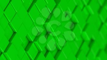 Grid of green cubes in a randomized pattern. Medium shot. 3D computer generated background image.