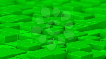 Grid of green cubes in a randomized pattern. Medium shot. 3D computer generated background image.