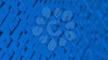 Grid of blue cubes in a randomized pattern. Wide shot. 3D computer generated background image.