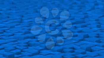 Grid of blue cubes in a randomized pattern. Wide shot. 3D computer generated background image.