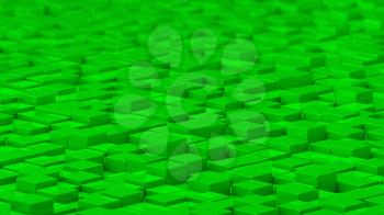 Grid of green cubes in a randomized pattern. Wide shot. 3D computer generated background image.